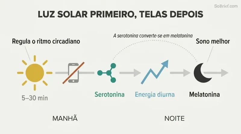 Horizontal morning-to-night timeline showing sunlight triggering a serotonin-to-melatonin chemical chain across the day for better energy and sleep.