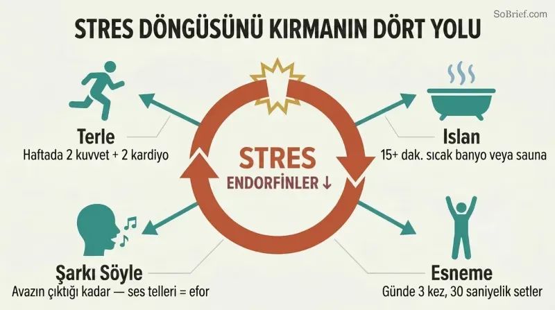 A broken circular stress loop at center with four solution spokes radiating outward to icons for exercise, heat, singing, and stretching.