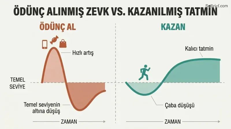 Split panel comparing two dopamine curves — a sharp spike crashing below baseline versus a gradual dip rising to sustained satisfaction above it.