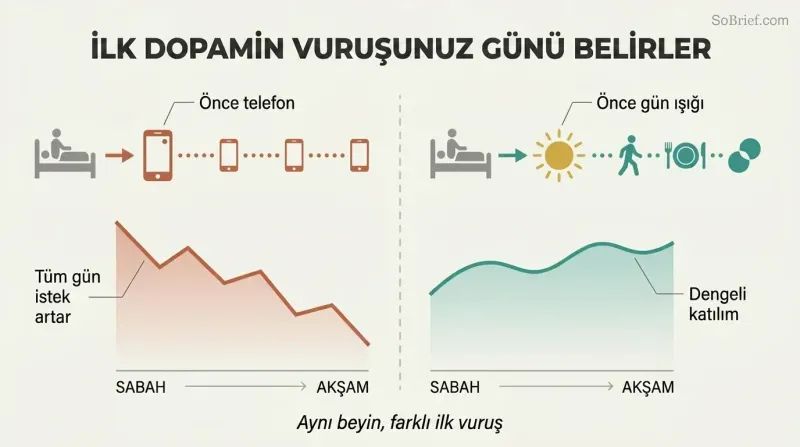 Split panel comparing two morning routines where grabbing a phone first leads to all-day cravings while choosing daylight first leads to a balanced day.