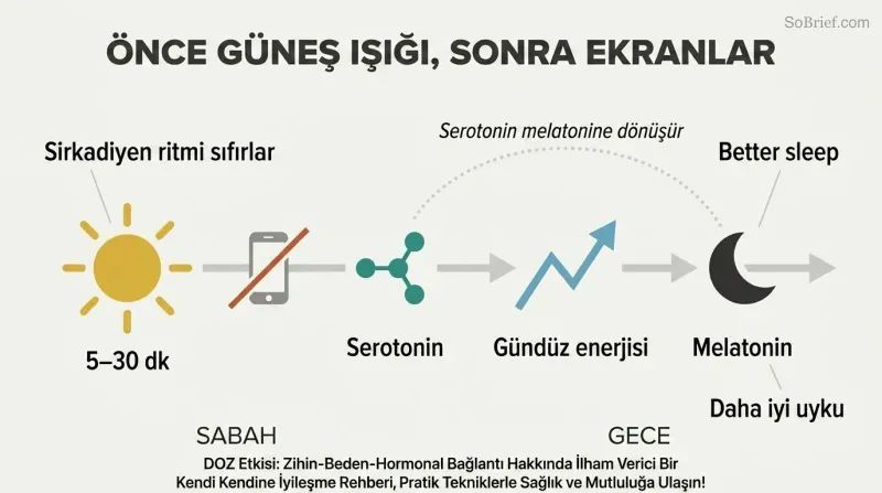 Horizontal morning-to-night timeline showing sunlight triggering a serotonin-to-melatonin chemical chain across the day for better energy and sleep.