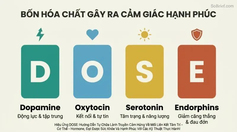 Four vertical pillars labeled D, O, S, and E represent dopamine, oxytocin, serotonin, and endorphins with their distinct wellbeing functions.