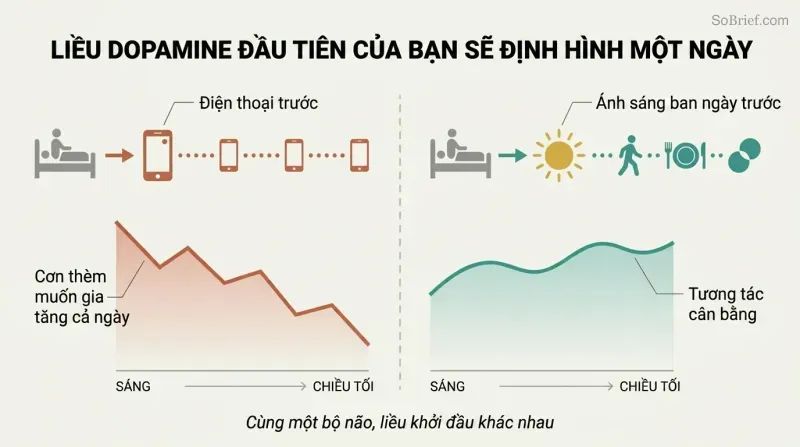Split panel comparing two morning routines where grabbing a phone first leads to all-day cravings while choosing daylight first leads to a balanced day.
