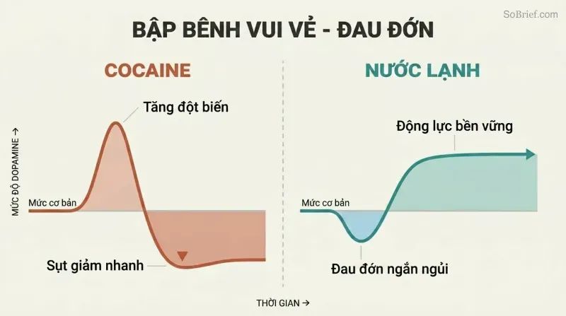 Split comparison of two dopamine curves over time — a sharp spike then crash for cocaine versus a brief dip then sustained elevation for cold water exposure.