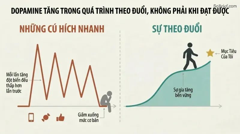 Split panel comparing jagged declining dopamine spikes from quick hits against a smooth rising dopamine curve from sustained pursuit of a meaningful goal.