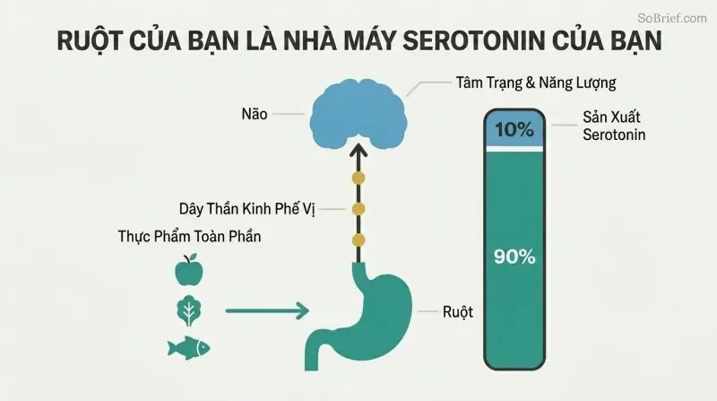 Vertical diagram showing gut and brain connected by vagus nerve, with a proportion bar revealing 90% of serotonin is produced in the gut, fed by whole foods.