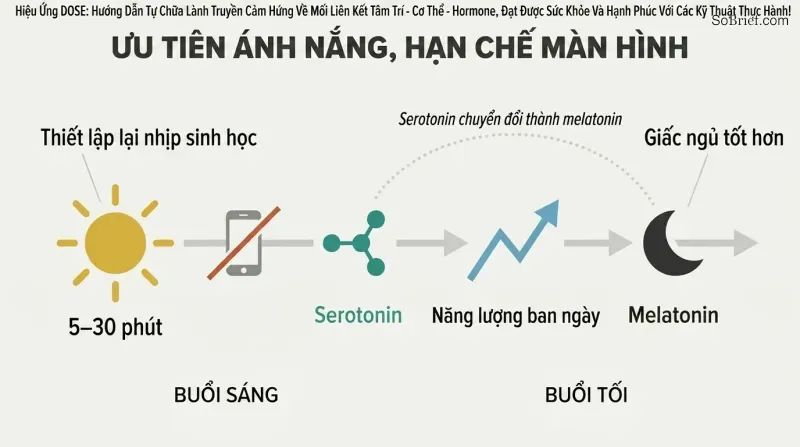 Horizontal morning-to-night timeline showing sunlight triggering a serotonin-to-melatonin chemical chain across the day for better energy and sleep.