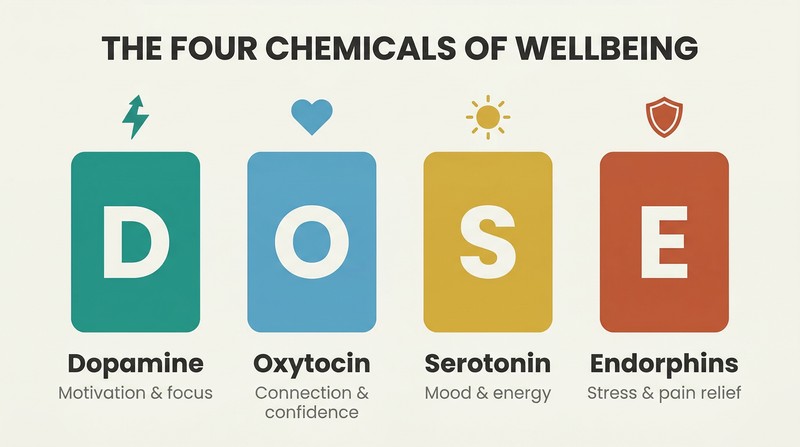 Four vertical pillars labeled D, O, S, and E represent dopamine, oxytocin, serotonin, and endorphins with their distinct wellbeing functions.