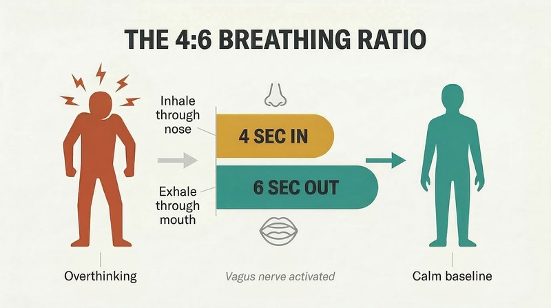 Two proportion bars comparing a shorter inhale to a longer exhale, flanked by a tense silhouette on the left transforming into a relaxed silhouette on the right.