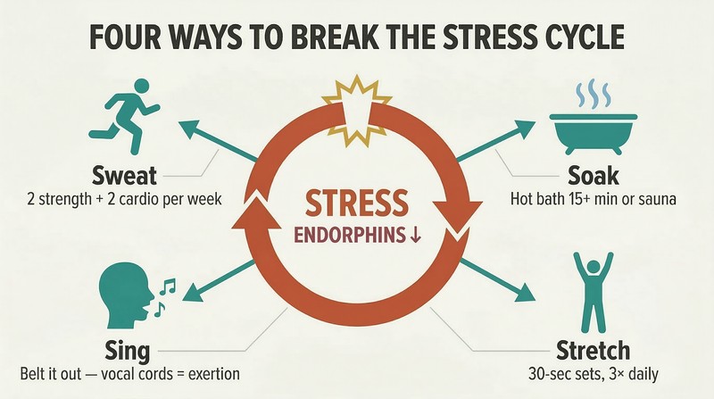 A broken circular stress loop at center with four solution spokes radiating outward to icons for exercise, heat, singing, and stretching.