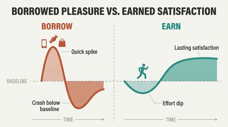 Split panel comparing two dopamine curves — a sharp spike crashing below baseline versus a gradual dip rising to sustained satisfaction above it.