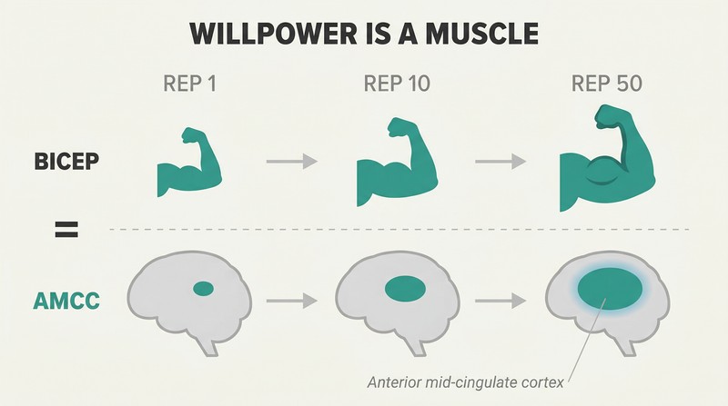 Two parallel progressions showing a bicep and a brain region both growing larger across three stages of increasing repetitions.