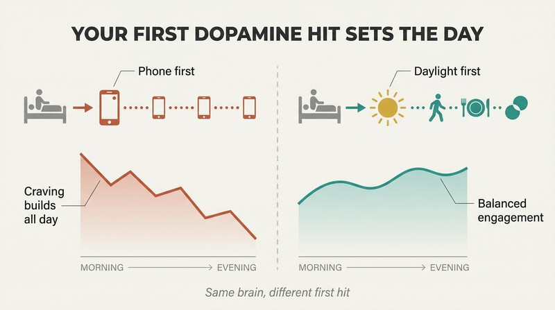 Split panel comparing two morning routines where grabbing a phone first leads to all-day cravings while choosing daylight first leads to a balanced day.
