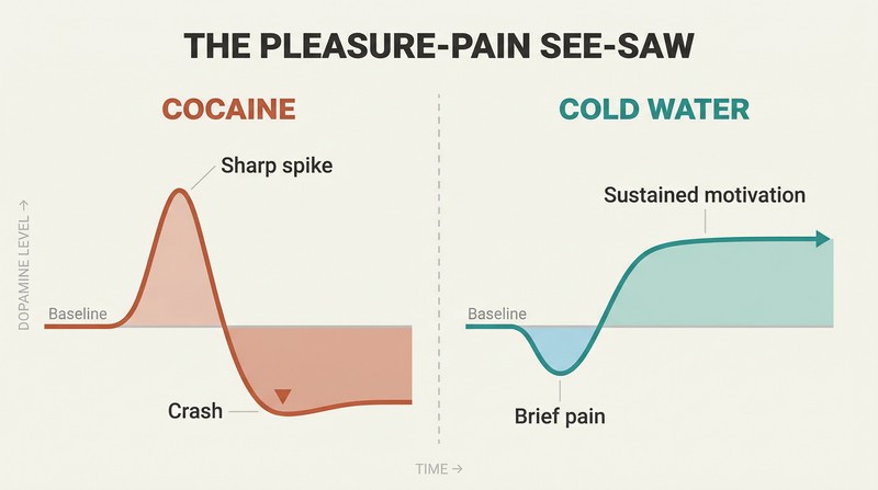 Split comparison of two dopamine curves over time — a sharp spike then crash for cocaine versus a brief dip then sustained elevation for cold water exposure.