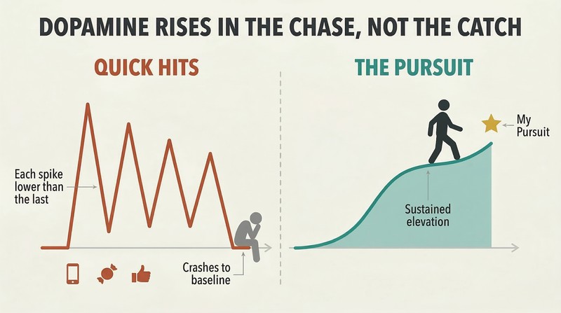 Split panel comparing jagged declining dopamine spikes from quick hits against a smooth rising dopamine curve from sustained pursuit of a meaningful goal.