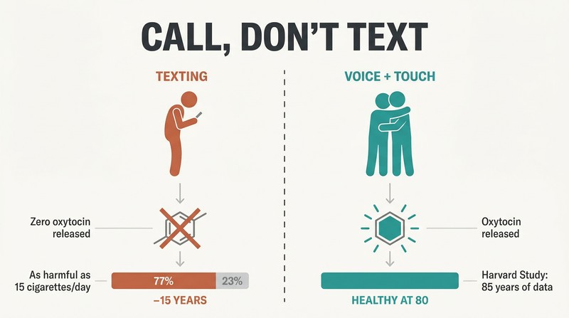 Split panel comparing texting with zero oxytocin release on the left to voice and touch triggering oxytocin and longevity on the right.