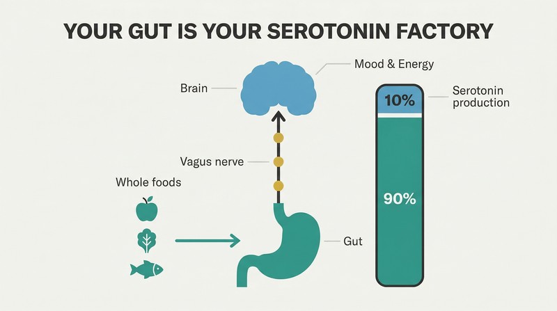 Vertical diagram showing gut and brain connected by vagus nerve, with a proportion bar revealing 90% of serotonin is produced in the gut, fed by whole foods.