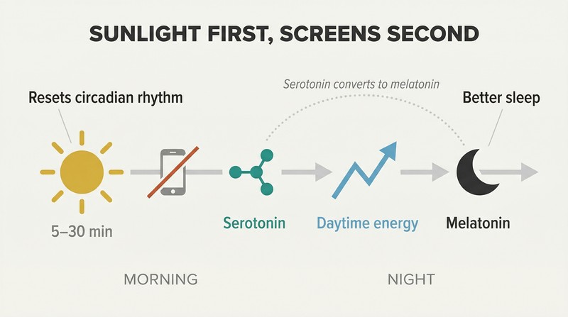 Horizontal morning-to-night timeline showing sunlight triggering a serotonin-to-melatonin chemical chain across the day for better energy and sleep.