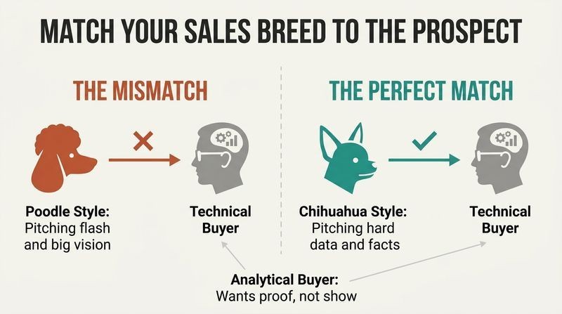 Split-panel diagram contrasting a mismatched sales pitch (Poodle style/flashy to an analytical buyer) with a perfectly matched pitch (Chihuahua style/analytical to an analytical buyer).