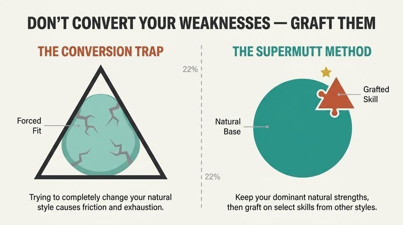 Split-panel diagram contrasting the failed conversion approach of forcing a change in personality with the successful skill-grafting SuperMutt method of performance.