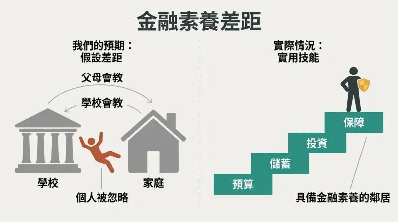 A split-panel diagram showing the gap between school and home expectations on the left, and a structured staircase of practical money skills on the right.