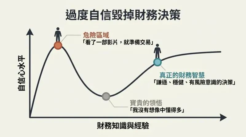 A graph of the Dunning-Kruger effect showing confidence spiking early at low financial knowledge, plunging with realization, and rising steadily to realistic financial wisdom.