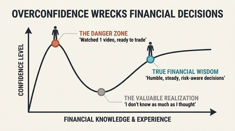 A graph of the Dunning-Kruger effect showing confidence spiking early at low financial knowledge, plunging with realization, and rising steadily to realistic financial wisdom.