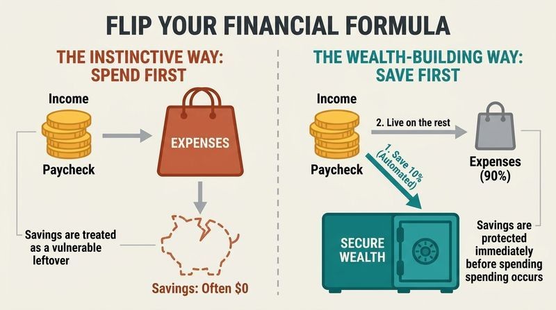 Split panel diagram comparing the instinctive spend-first formula with the wealth-building save-first formula.