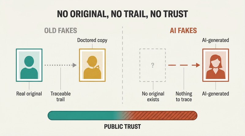 Split panel contrasting old fakes that alter a real original with AI fakes generated from nothing, showing how the absence of any source erodes all trust.