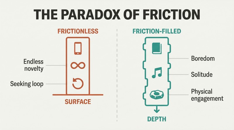 Split panel showing a smooth frictionless digital path staying shallow on the left, while a rough friction-filled path on the right descends into meaningful depth.