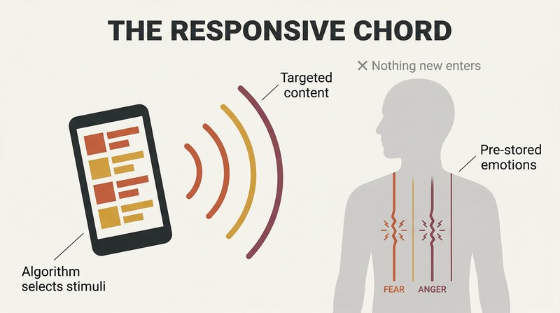 A phone emits content waves toward a human silhouette whose torso contains taut emotional strings being vibrated by the stimuli, showing algorithms activate existing emotions rather than deliver information.