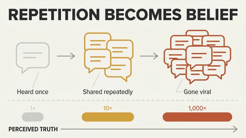 Three-stage progression showing a single message multiplying into many copies, with a rising bar beneath revealing how perceived truth grows with each repetition.