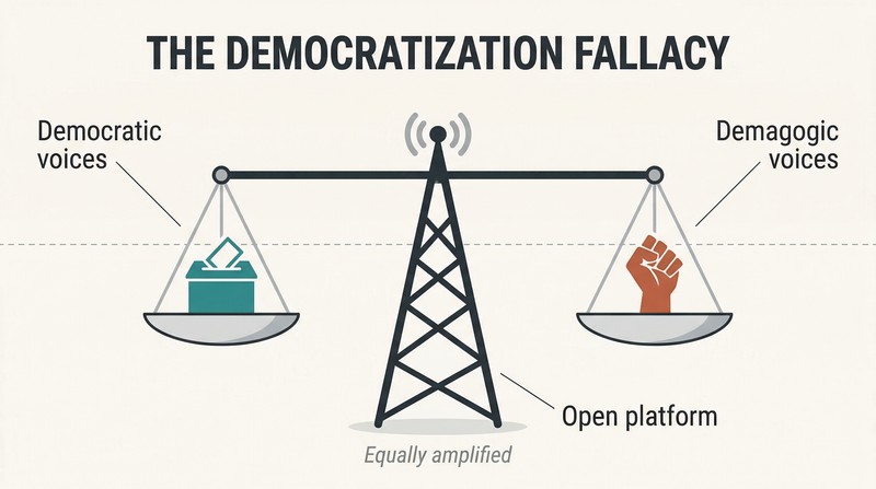 A perfectly balanced scale with a broadcast tower as its fulcrum, weighing a ballot box equally against a raised fist, showing open media amplifies all voices equally.