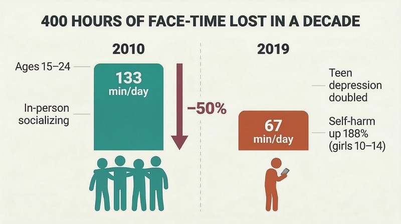 Split comparison showing daily in-person socializing time halving from 133 minutes in 2010 to 67 minutes in 2019, with group silhouettes shrinking to isolated figures.
