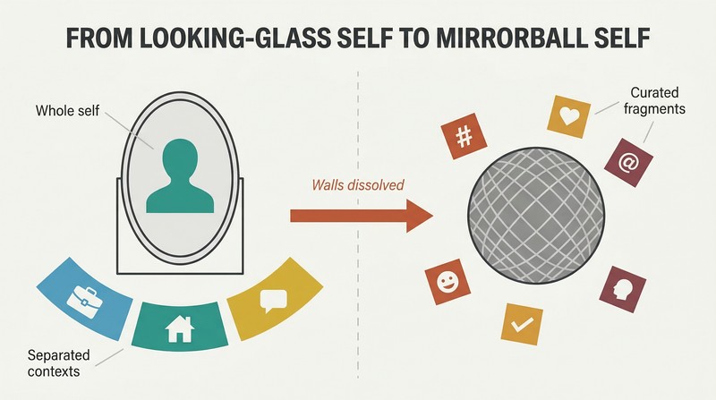 Split panel comparing a whole person reflected in a single mirror with separated life contexts on the left, versus a disco ball scattering fragmented identity markers on the right.