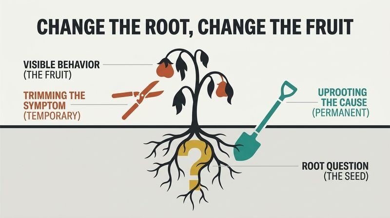 Plant cross-section showing above-ground bad behavior as wilted fruit and below-ground root questions as a large golden question mark being targeted by a spade.
