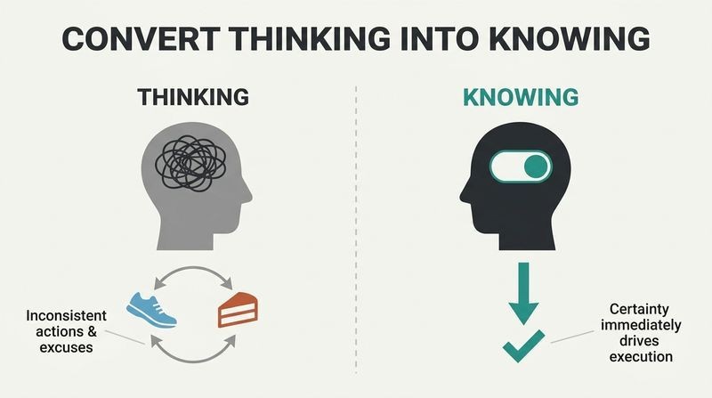 Split panel comparison showing how "Thinking" leads to conflicting, inconsistent loops while "Knowing" acts as a switch that drives direct, decisive action.