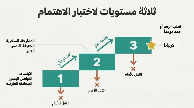 Ascending three-step staircase where each level tests for interest, with upward arrows for high interest and exit arrows for low interest at every step.