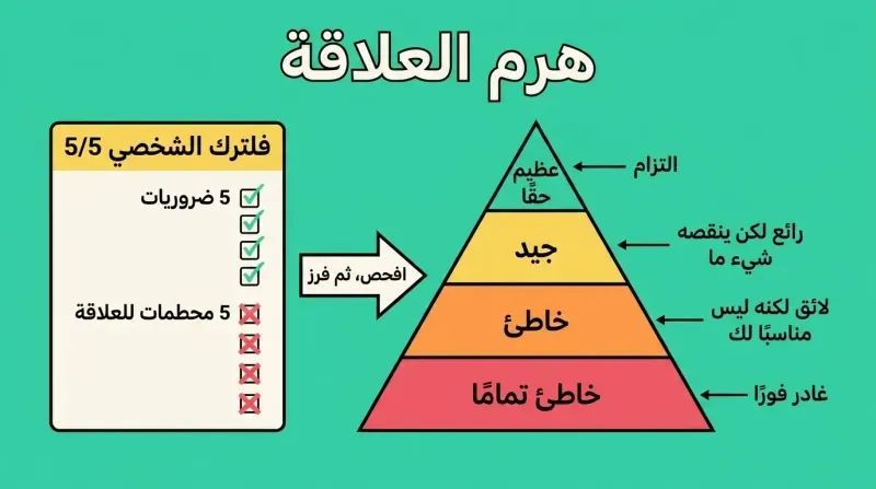 Four-tier pyramid ranking partner compatibility from "Really Wrong" at the wide base to "Really Great" at the narrow top, with a 5/5 screening checklist beside it.