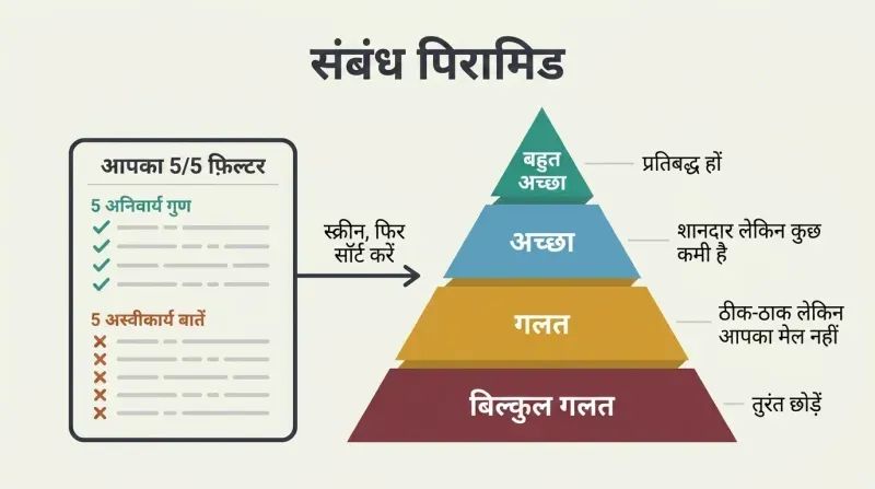 Four-tier pyramid ranking partner compatibility from "Really Wrong" at the wide base to "Really Great" at the narrow top, with a 5/5 screening checklist beside it.