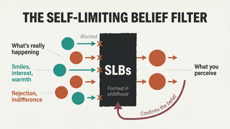 Mixed positive and negative signals pass through a dark childhood belief filter that blocks positive signals and only lets negative ones through, with a loop arrow showing self-reinforcement.