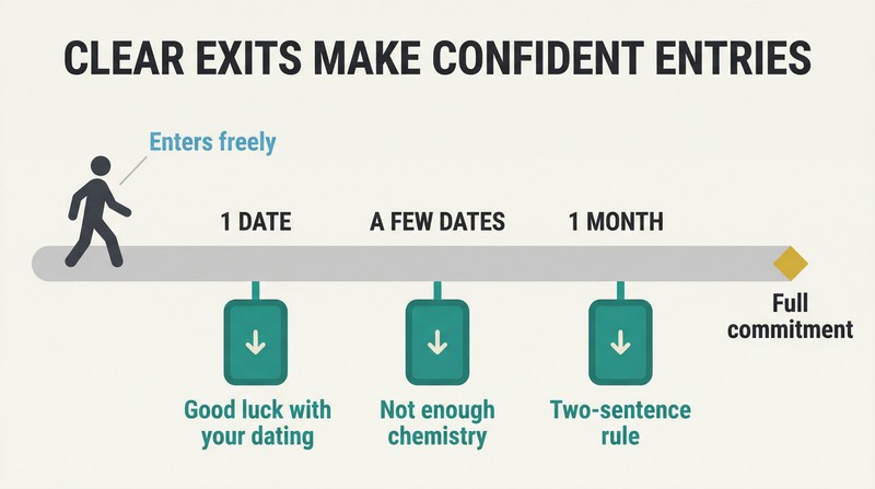 Horizontal path with three exit doors at escalating dating stages, showing how visible off-ramps enable a confident figure to enter freely.