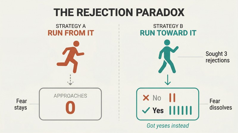 Split panel comparing avoiding rejection, which leads to zero results, against actively seeking rejection, which paradoxically yields many yeses.