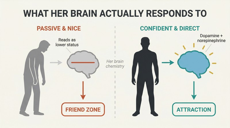 Split panel comparing passive niceness triggering a flat friendship response on the left with confident directness triggering an attraction chemistry response on the right.