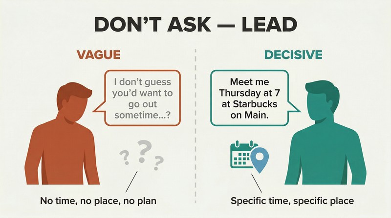 Split panel contrasting a vague dating question on the left with a decisive, specific statement on the right, showing how specificity replaces uncertainty.