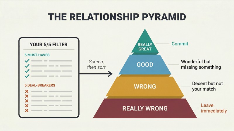 Four-tier pyramid ranking partner compatibility from "Really Wrong" at the wide base to "Really Great" at the narrow top, with a 5/5 screening checklist beside it.