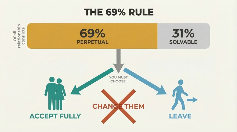Proportion bar showing 69% of conflicts are perpetual forks into two valid choices—accept fully or leave—with "change them" crossed out as an invalid option.