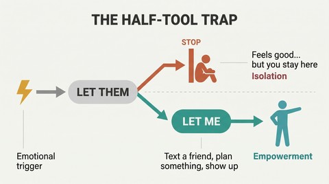 Fork diagram showing how stopping at "Let Them" leads to isolation, while continuing to "Let Me" leads to empowerment and action.