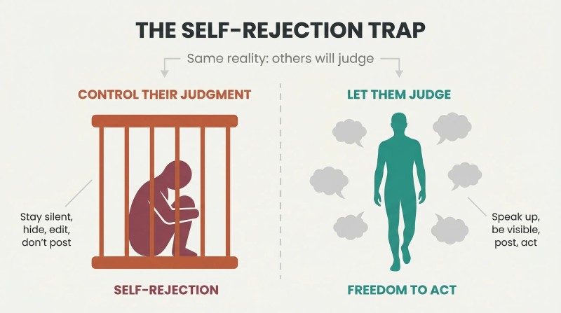 Split panel comparing a crouching figure caged by self-censorship on the left with a tall, free-standing figure on the right who lets others judge, revealing that controlling judgment imprisons you while releasing it sets you free.