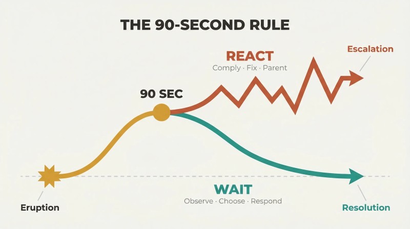 Wave diagram showing an emotional eruption peaking at 90 seconds, then forking into two paths: reacting leads to continued escalation while waiting leads to calm resolution.